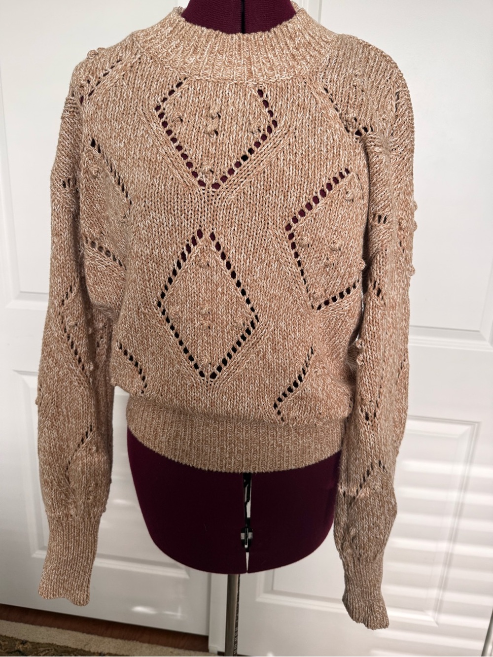 LOFT Diamond Pointelle Bobble Knit Sweater - Medium (Beige/Tan)